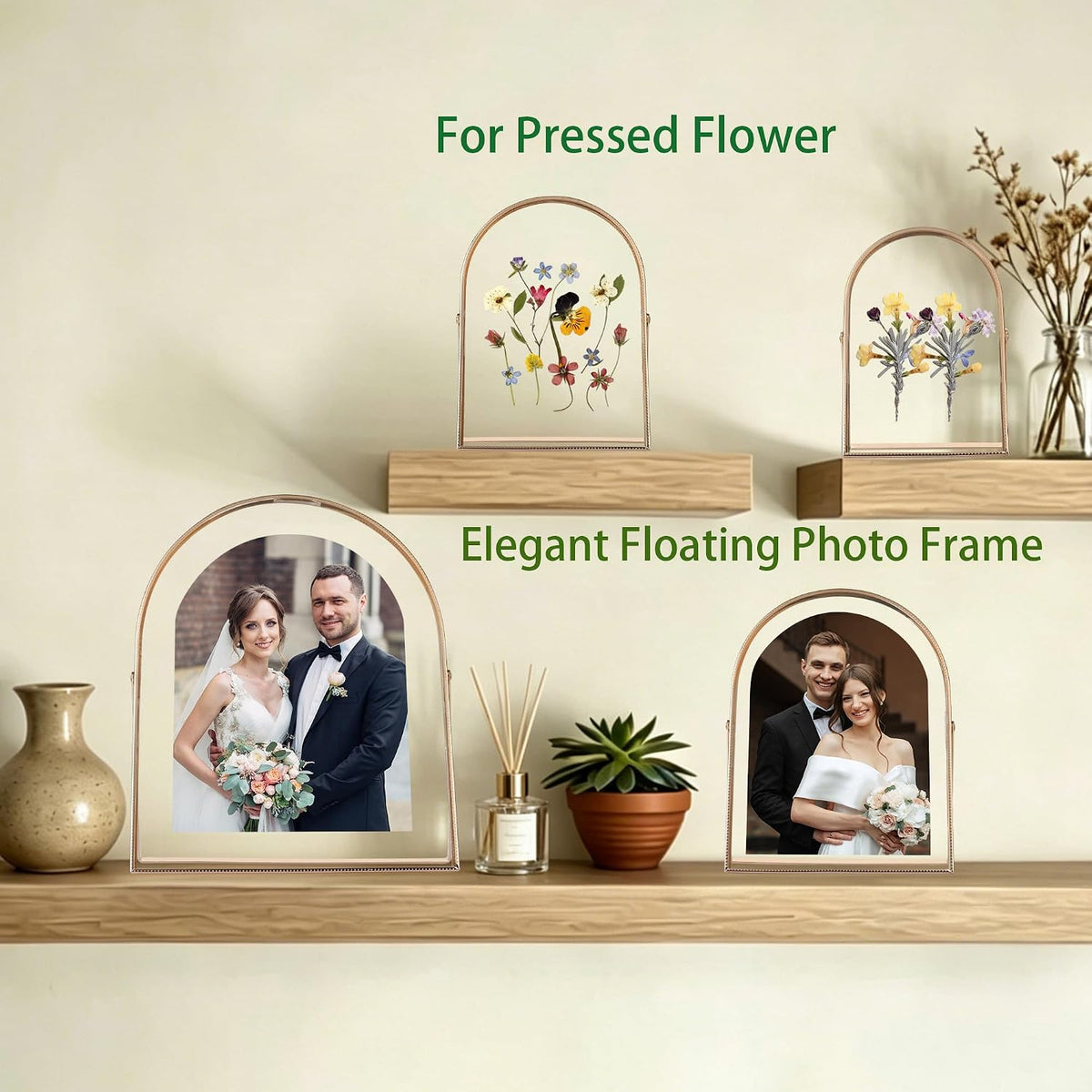 Gold 8x10'' Arched Floating Frame Set of 2,For Photo Sizes (5x7'',6x8'',7x9''),Beautiful Dry Flower Metal Beaded Arched
