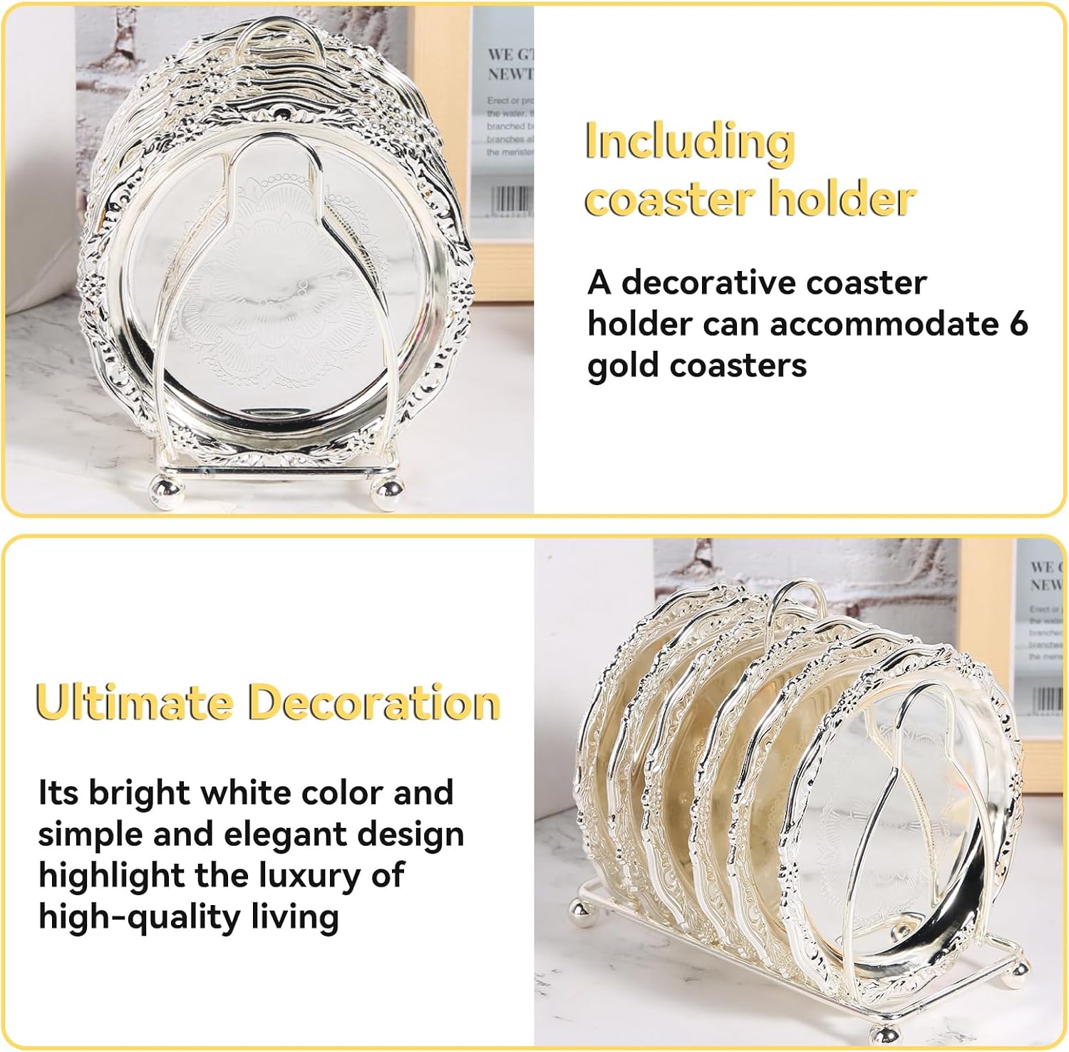 Holder / Rustic Gold Coaster Set Drink Coasters for Drinks / White / 4 Inch