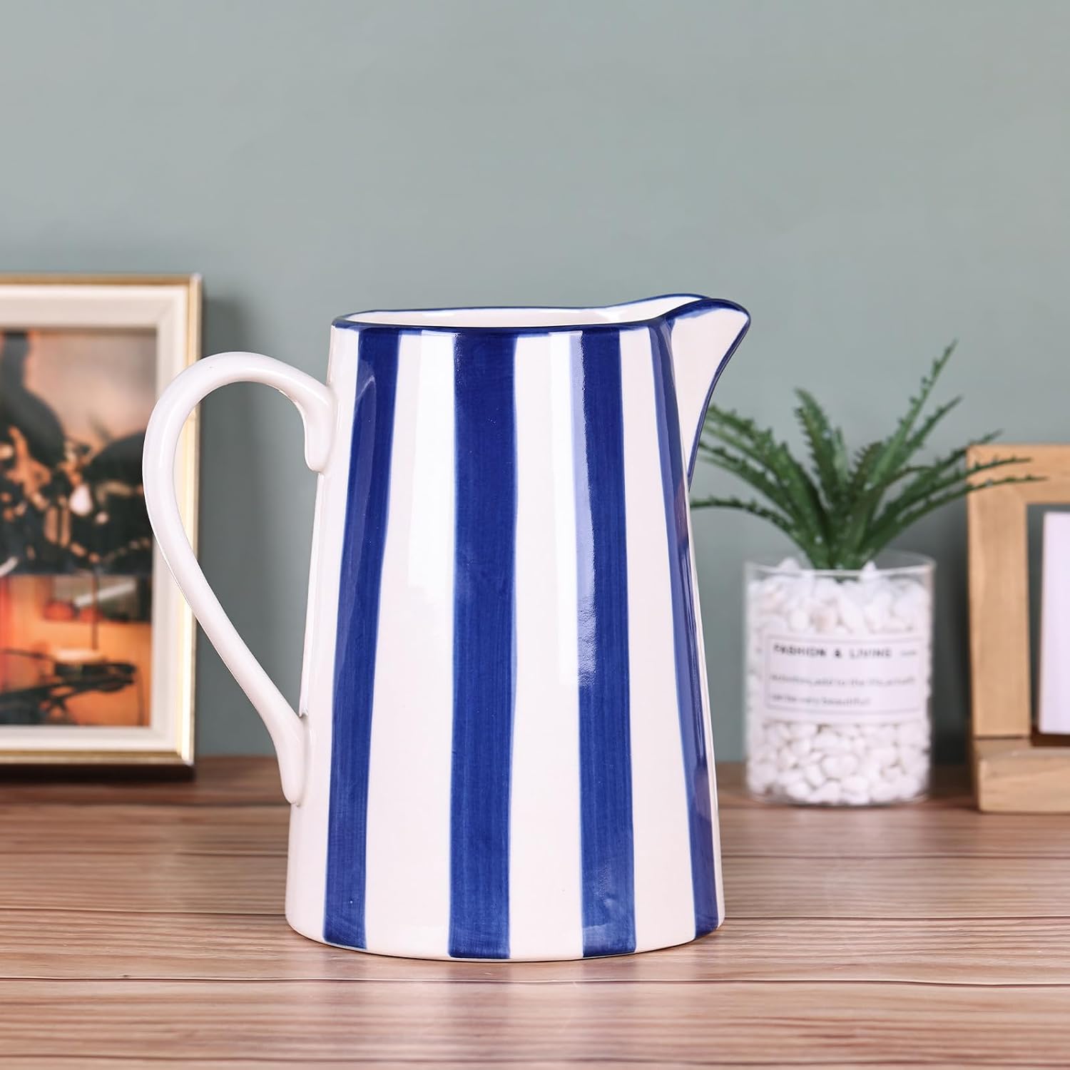 Ceramic and White Pitcher Vase / Stripes / Blue
