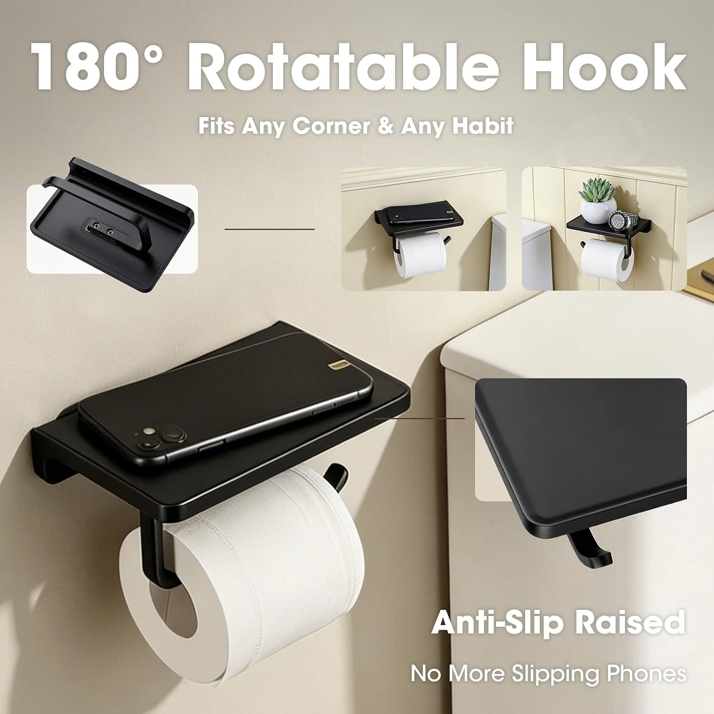 TRUSTMI Toilet Paper Holder with Shelf & Phone Stand, Matte Black | Solid zinc alloy holder holds 15 lbs and fits jumbo