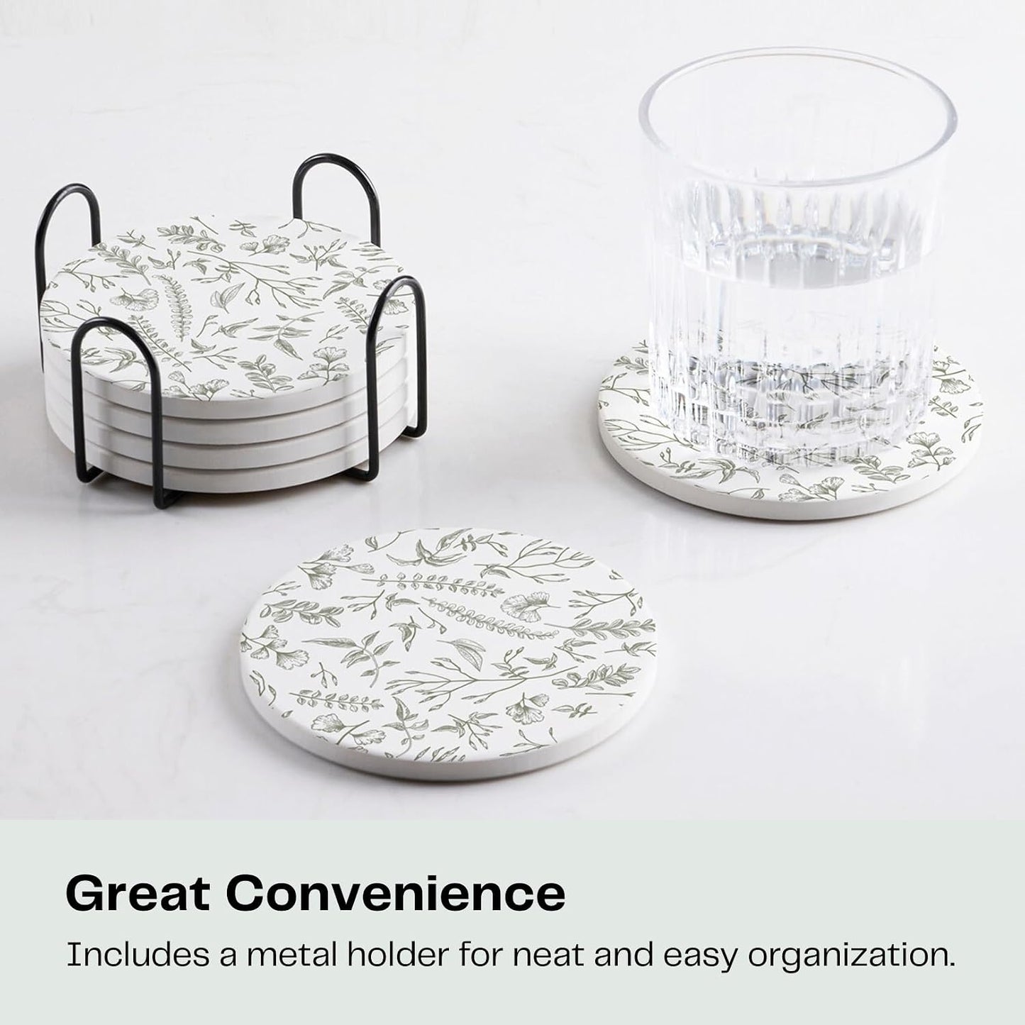 Holder / Absorbent Ceramic Drink Coasters / Sage and White / Set of 6