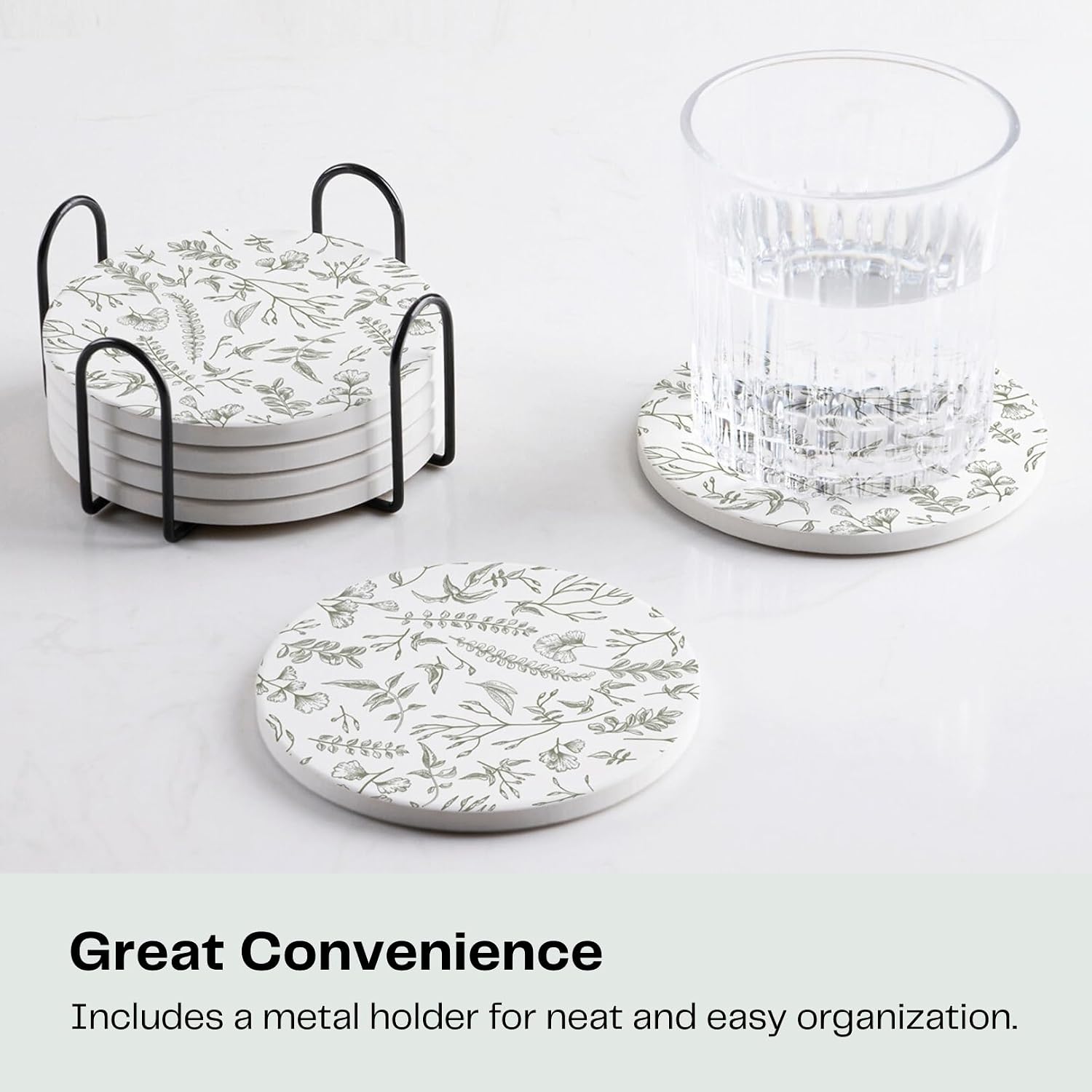 Holder / Absorbent Ceramic Drink Coasters / Sage and White / Set of 6