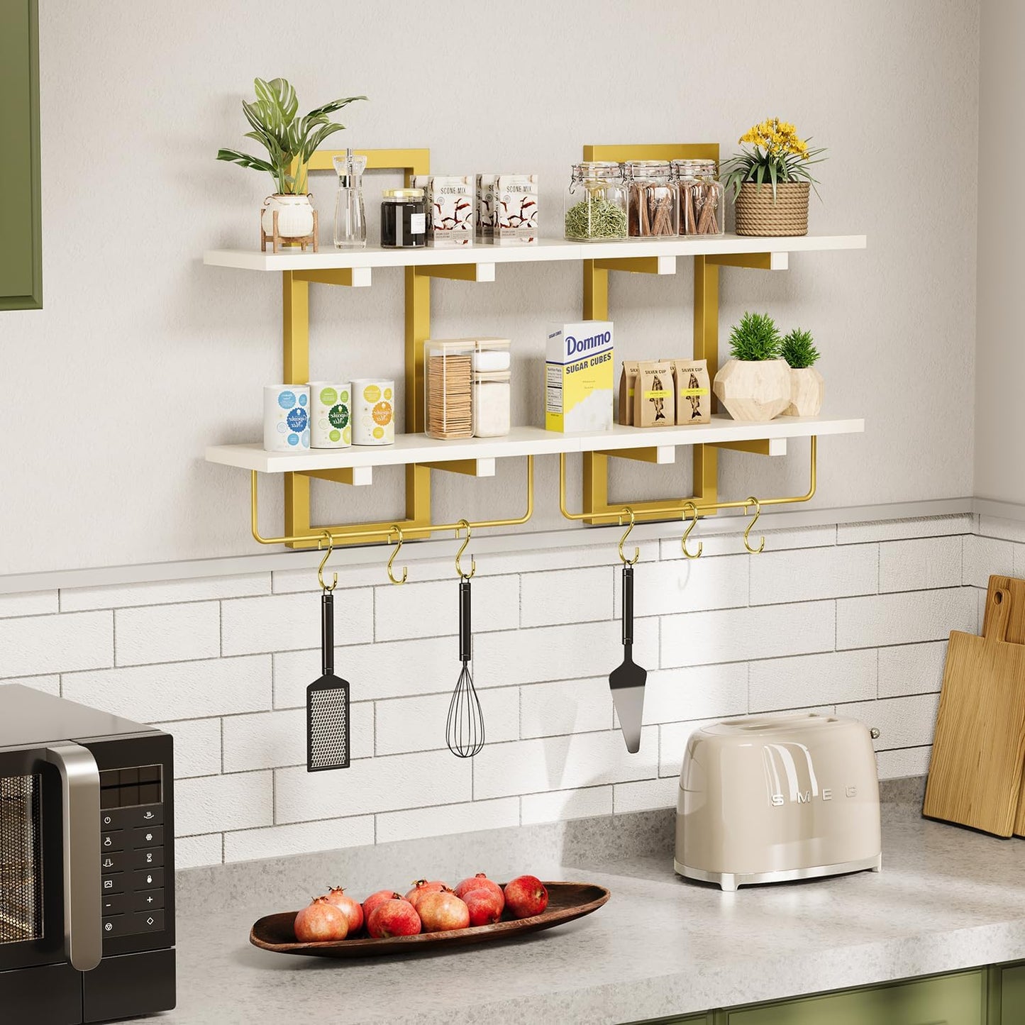 Floating Shelves / Wall Mounted Storage Shelves / White + Gold / Set of 2