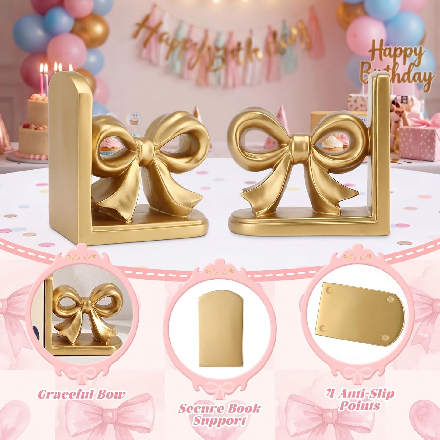 Bow Bookends Resin Bookends Heavy Duty Decorative Book Stand Decor Sculpture / Gold / Set of 2