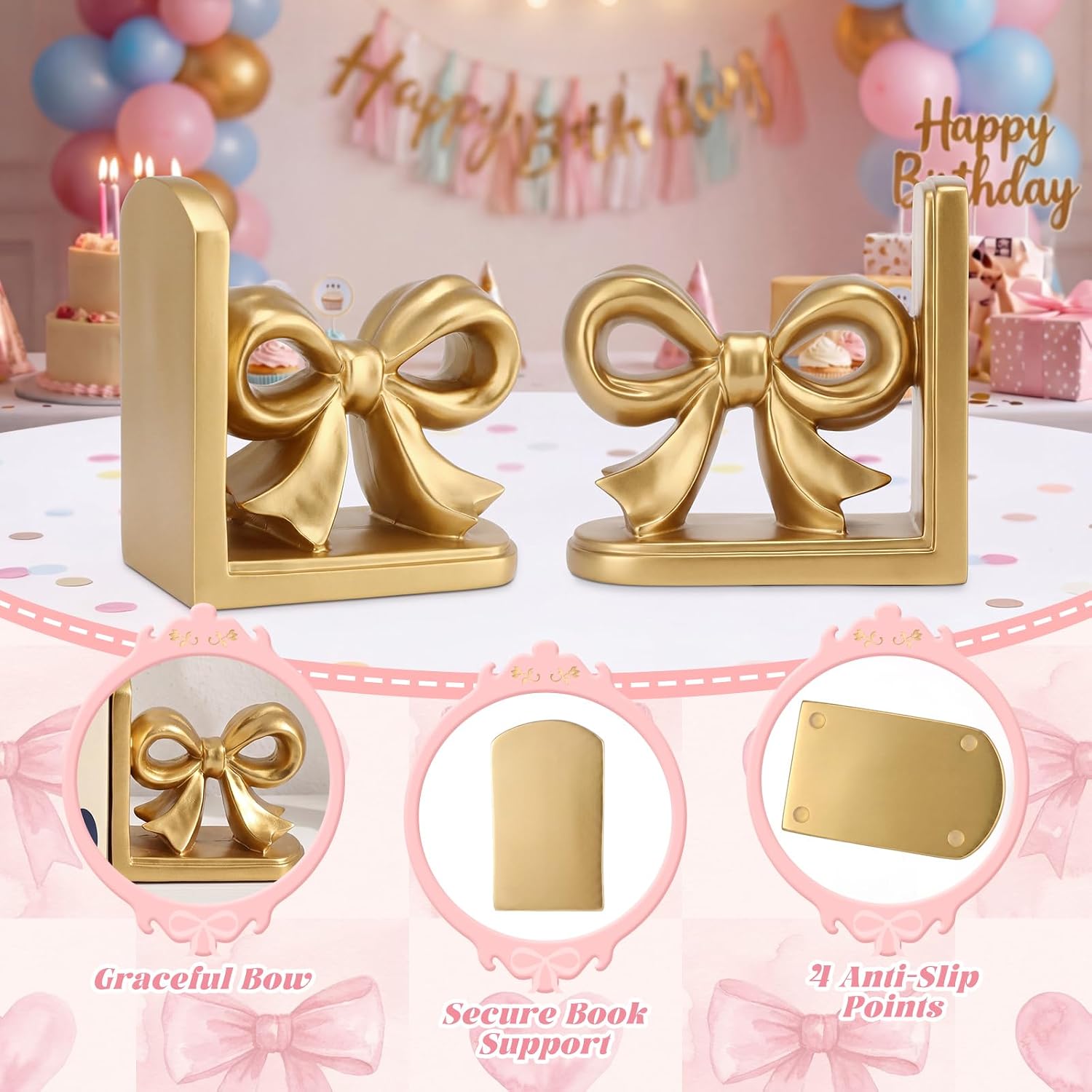 Bow Bookends Resin Bookends Heavy Duty Decorative Book Stand Decor Sculpture / Gold / Set of 2