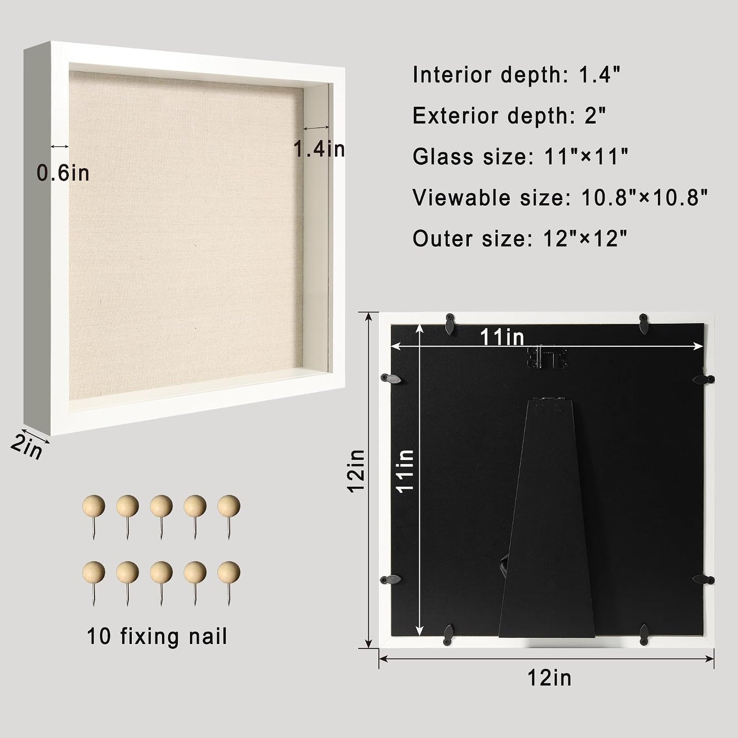 11x11 Shadow Box Display Case with Tempered Glass, White Wooden Large Memory Shadow Box Frame with Soft Linen Back for