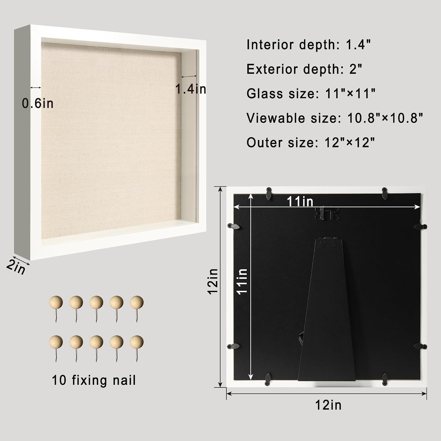 11x11 Shadow Box Display Case with Tempered Glass, White Wooden Large Memory Shadow Box Frame with Soft Linen Back for