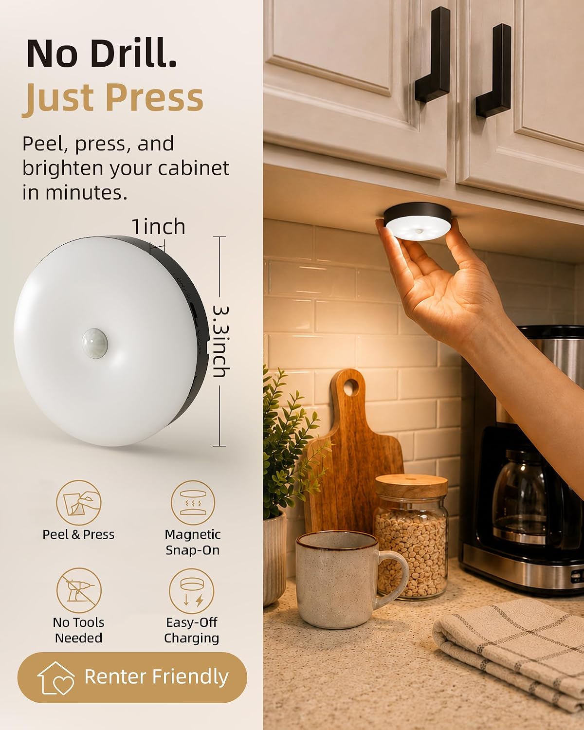 EZVALO RGB Under Cabinet Puck Lights with Remote, Motion Sensor Lights | Matte Black, 6-Pack with Remote, Rechargeable