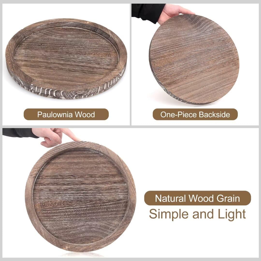Round Decorative Wooden Serving Trays for Ottoman Coffee Table Tray / Washedwhite / Set of 12