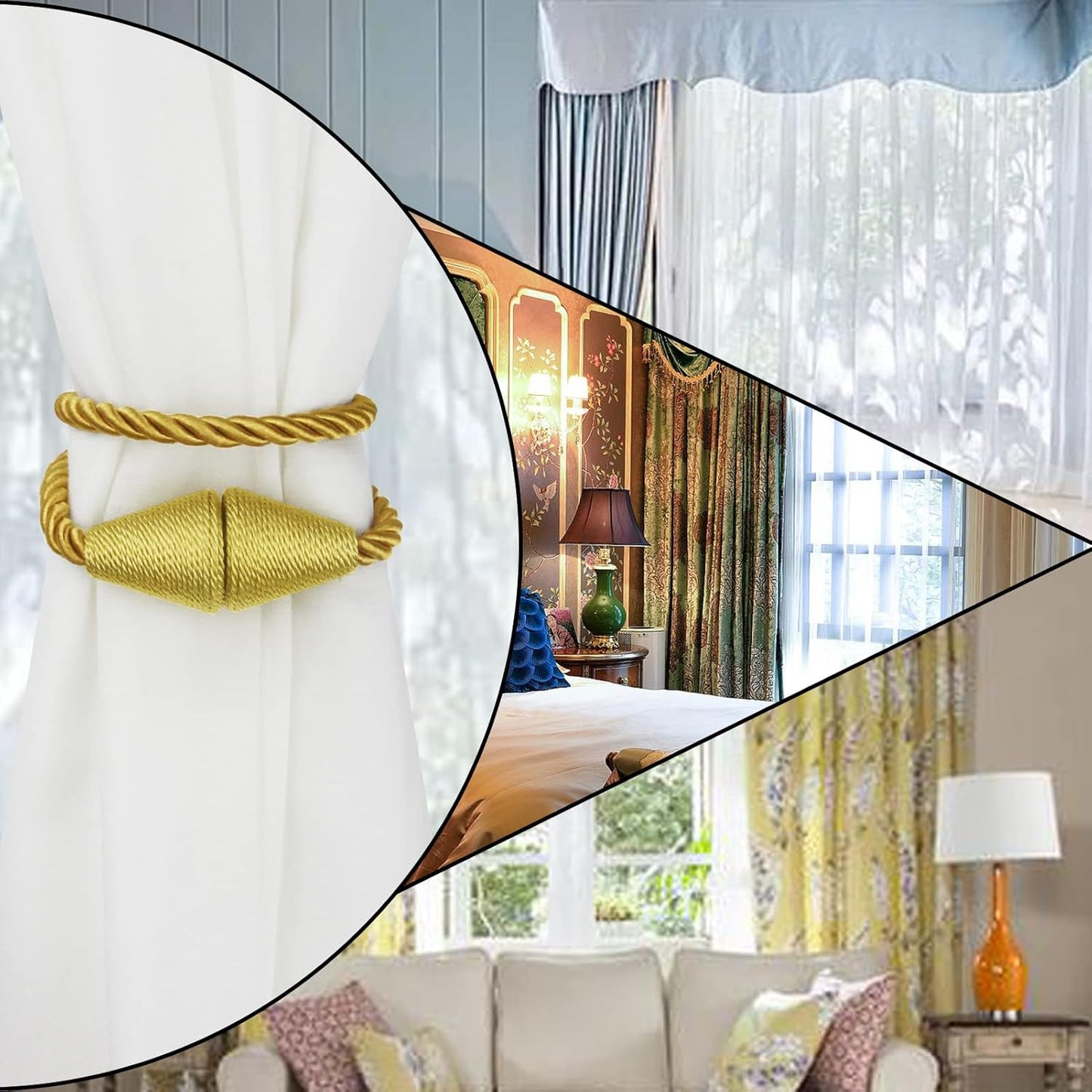 Magnetic Curtain Tiebacks Rope Decorative Holdbacks for Drapes Nieffeiy | 6 Pack Gold Modern Handmade Curtain Tie Backs