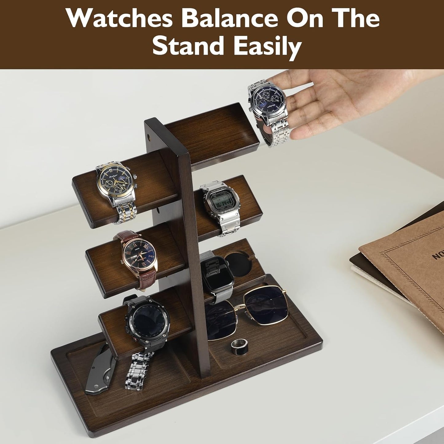 ikkle Watch Holder Stand with Charging Station Wooden Watch Display Tower Jewelry Organizer for Rings, Coins Bracelets