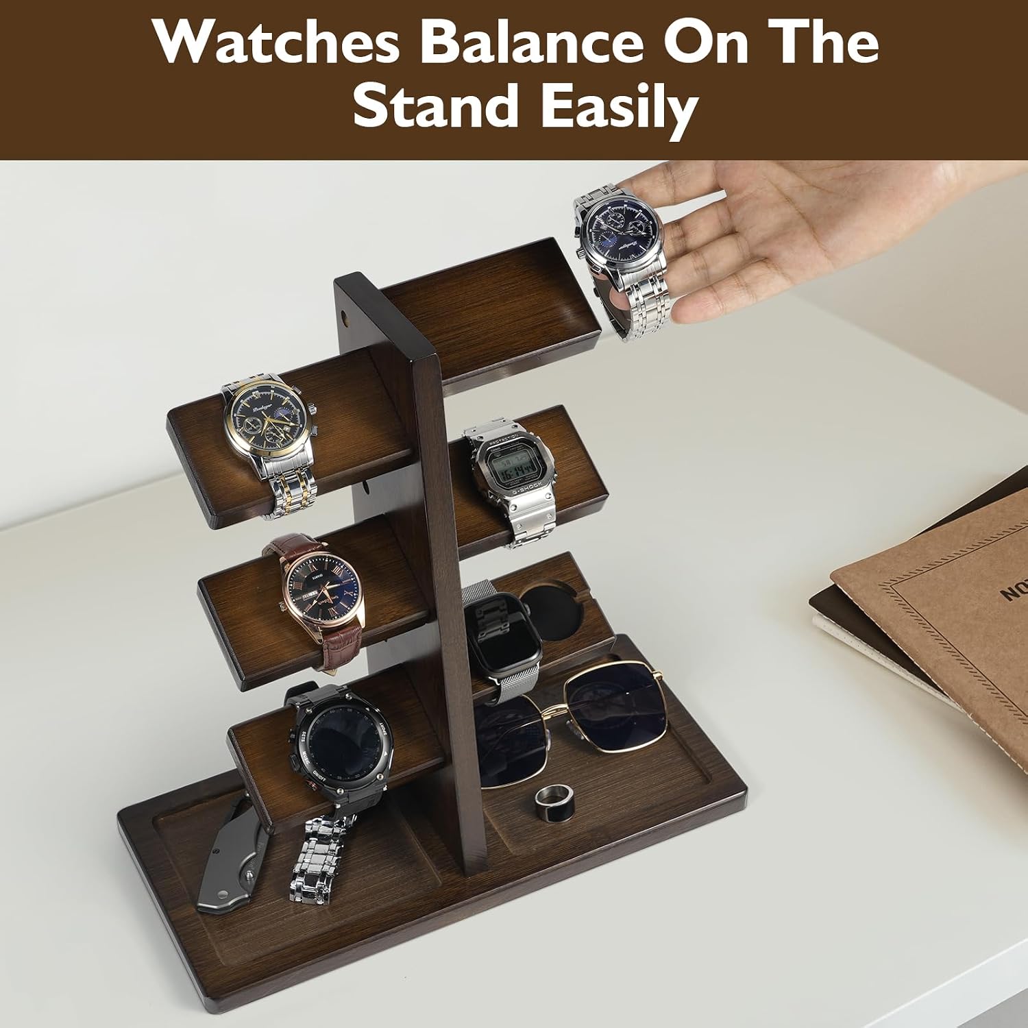 ikkle Watch Holder Stand with Charging Station Wooden Watch Display Tower Jewelry Organizer for Rings, Coins Bracelets