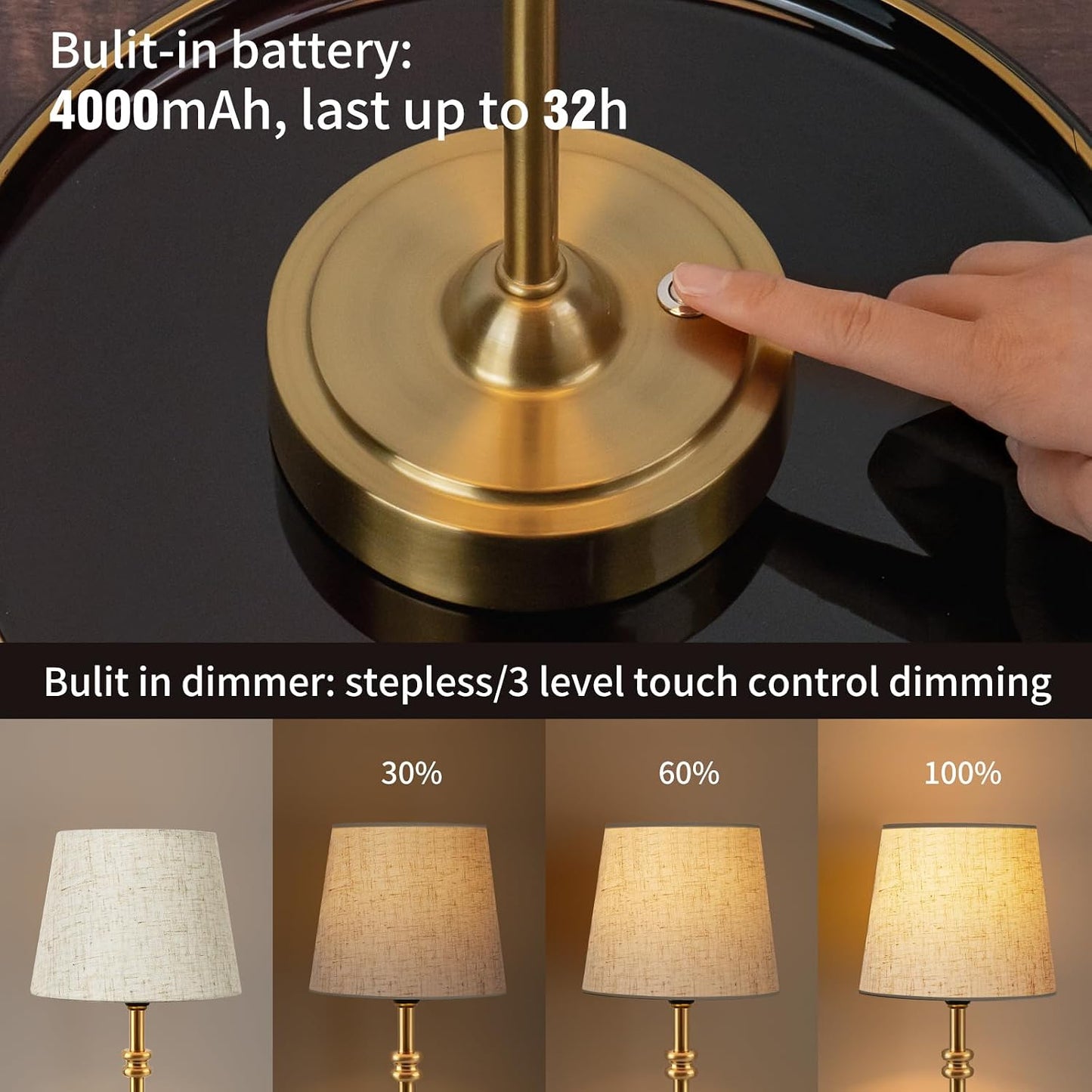 ONEWISH Small Cordless Lamp, Battery Operated Table lamp Dimmable, 4000mAh Rechargeable, Touch Bedside Lamp with Beige