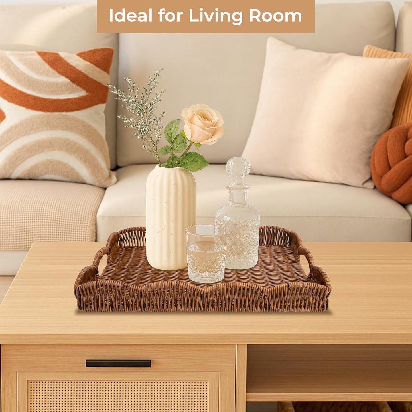 Rectangle Wicker Scalloped Tray / Brown