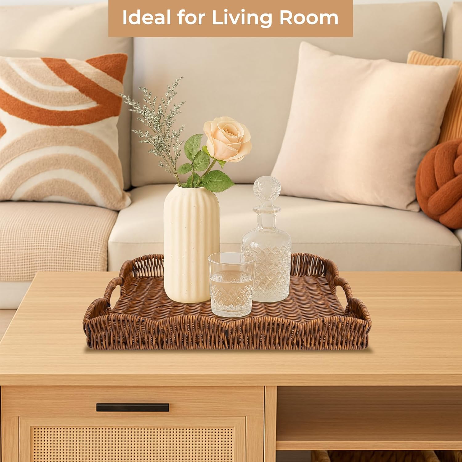 Rectangle Wicker Scalloped Tray / Brown
