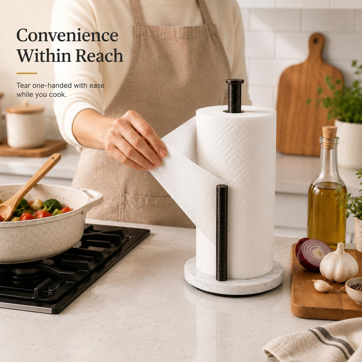 Oil Rubbed Bronze Paper Towel Holder for Kitchen Countertop, 304 Stainless Steel Roll Dispenser with White Engineered