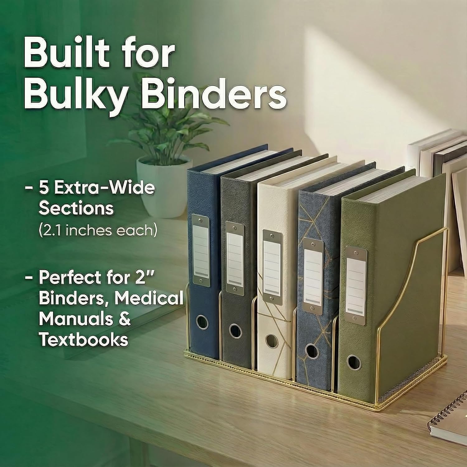 Gold Binder Organizer for Desk, 5 Slot Metal Wire Vertical File Sorter with Mesh Bottom, Large Desktop Magazine Holder