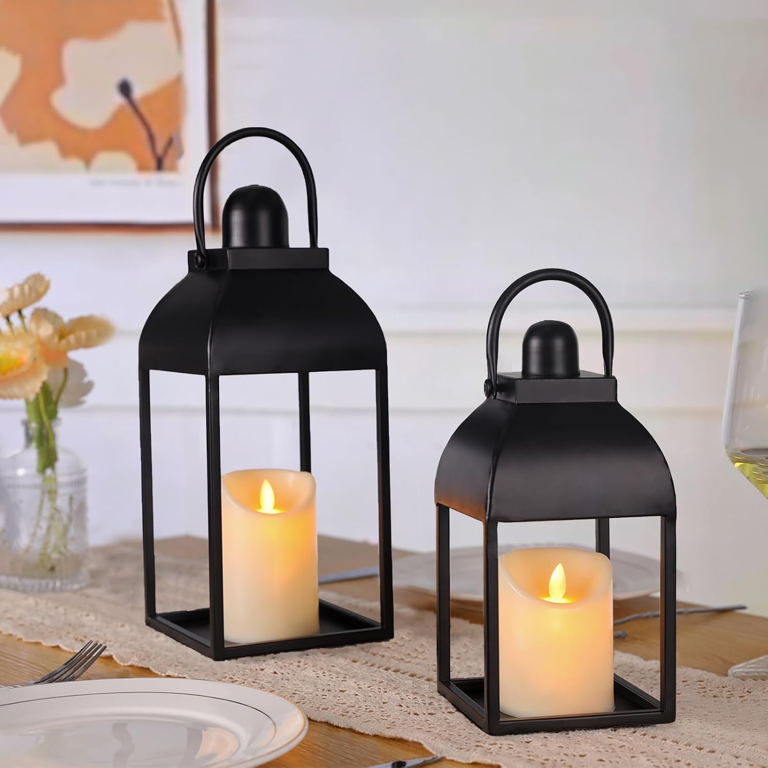 Lanterns Decorative Indoor 15" 11" Set of 2 Black Metal Lantern with Candle | Glass-free Decorative Lanterns with