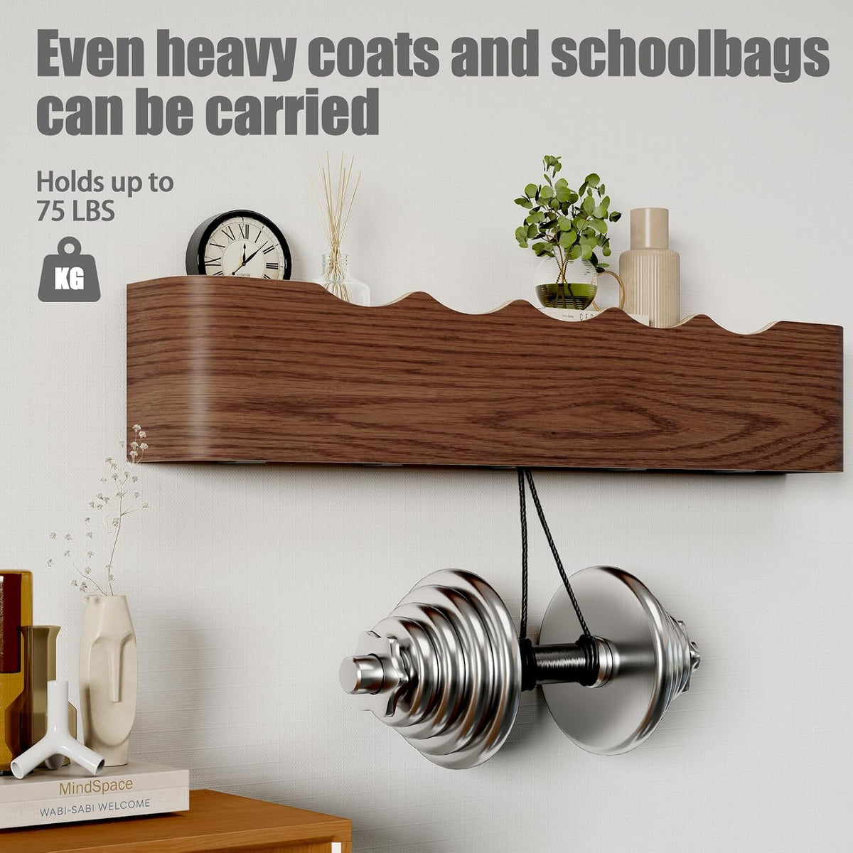 Coat Rack Wall Mount with Shelf 5 Hidden Hooks Modern Wooden Key Holder Entryway Organizer for Hallway Bedroom Bathroom