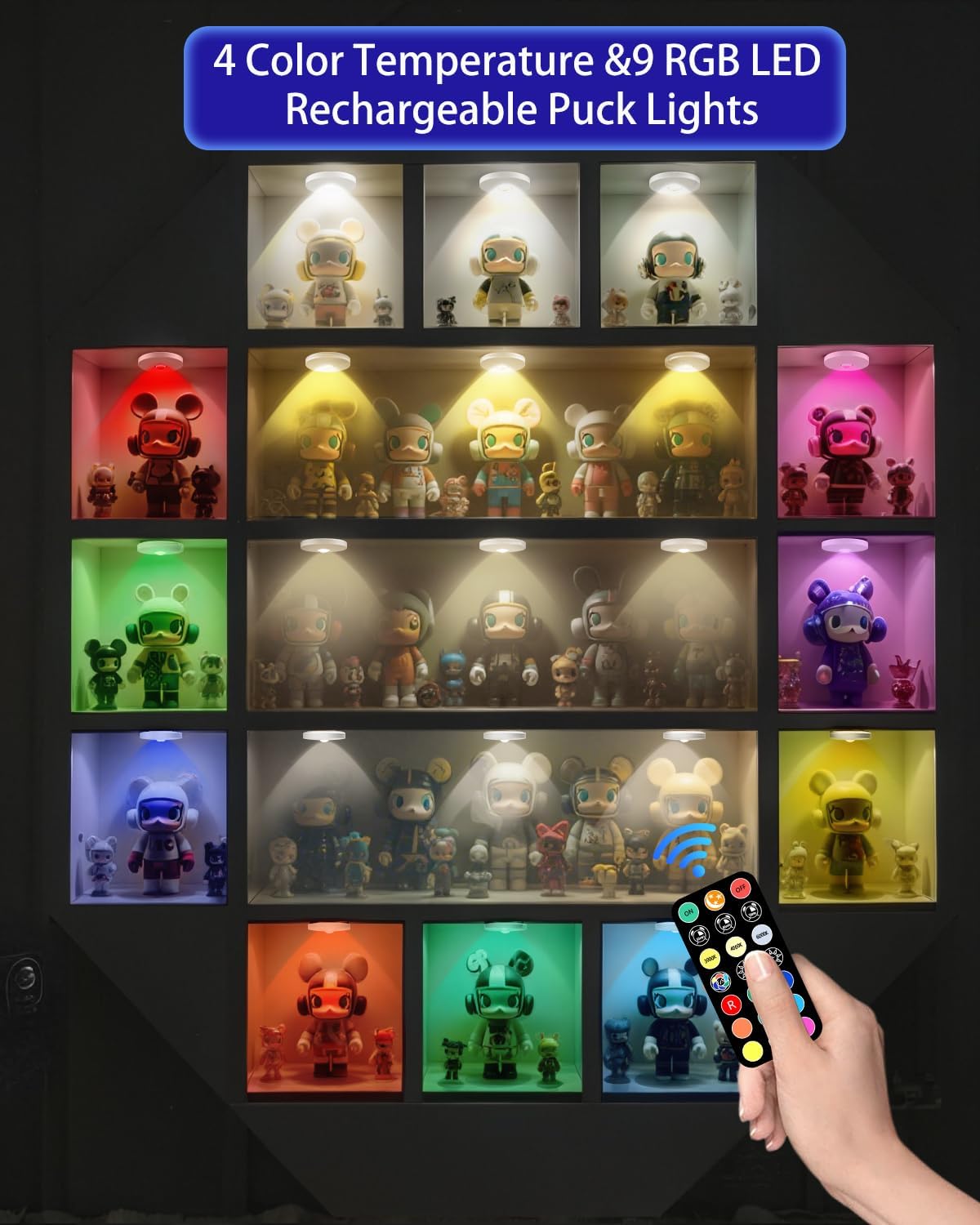 Puck Lights with Remote, 2000mAH Battery Operated, Rechargeable Shelf Light, Wireless,Color Changing Magnetic Light