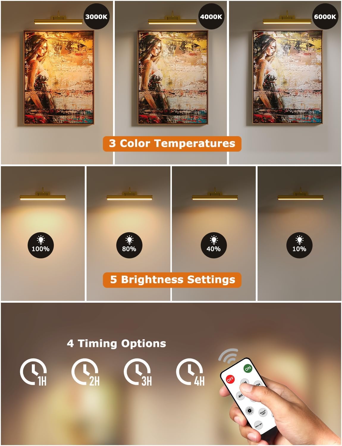 16" Wireless Picture Lights for Wall, Rechargeable Art Light, 2Pack Gold | Aluminum Photo Frame Light, Remote & Touch