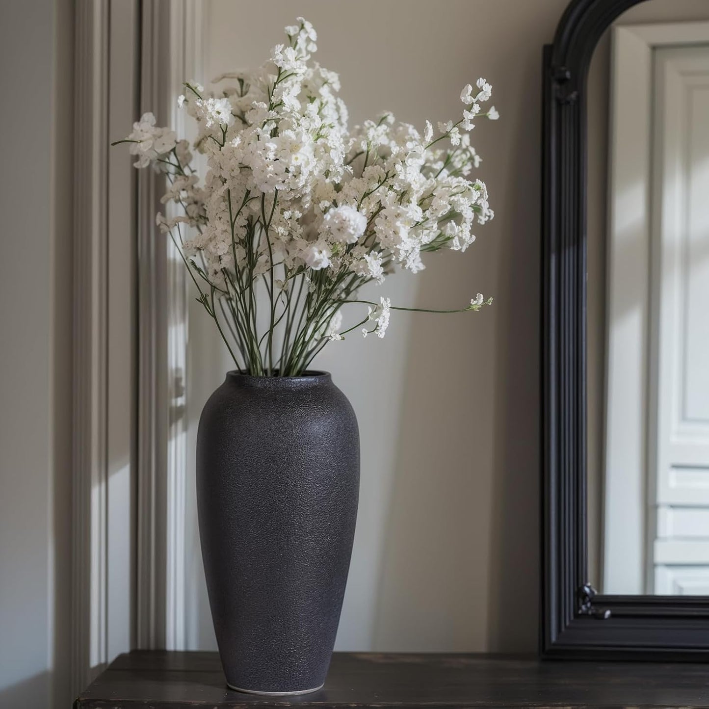 Tall Matte Ceramic Vase / Textured Black / 13.8in