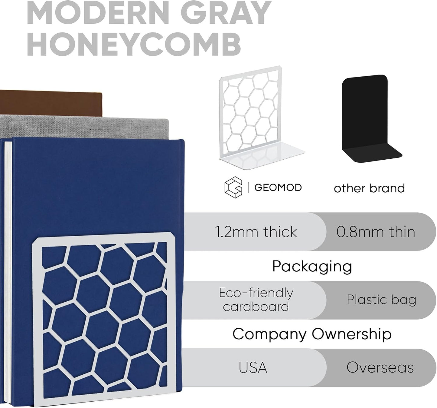Geometric Honeycomb Metal Bookends / Gray / 1 Pair