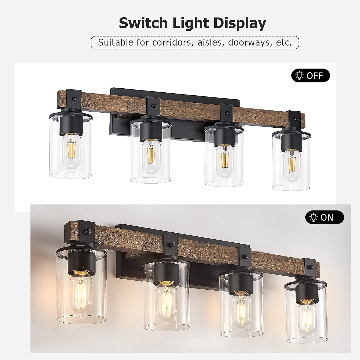 DUJAHMLAND Farmhouse Vanity Light Fixture, Industrial 4-Light Wood Wall Sconce Bathroom Vanity Lighting with Clear