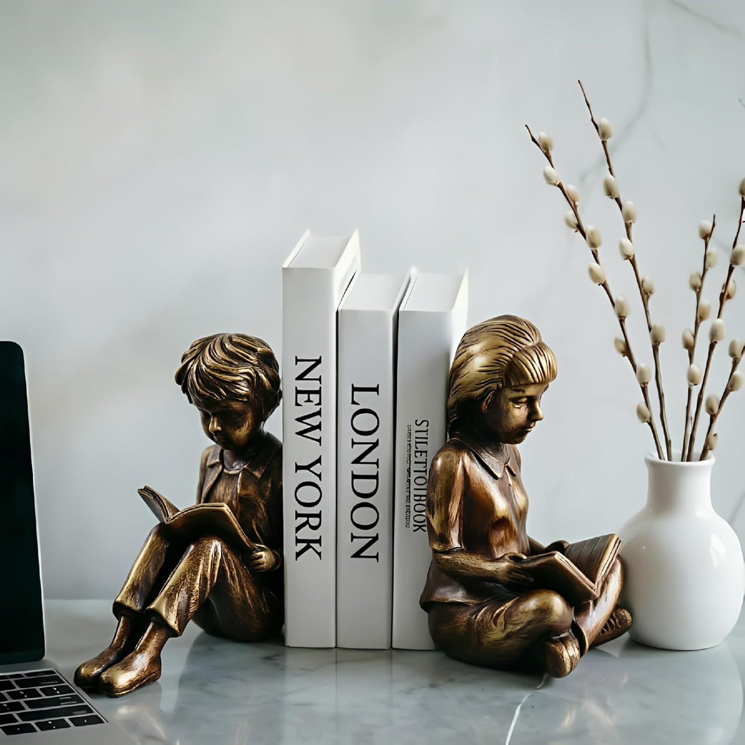 Vintage Resin Children Reading Bookends