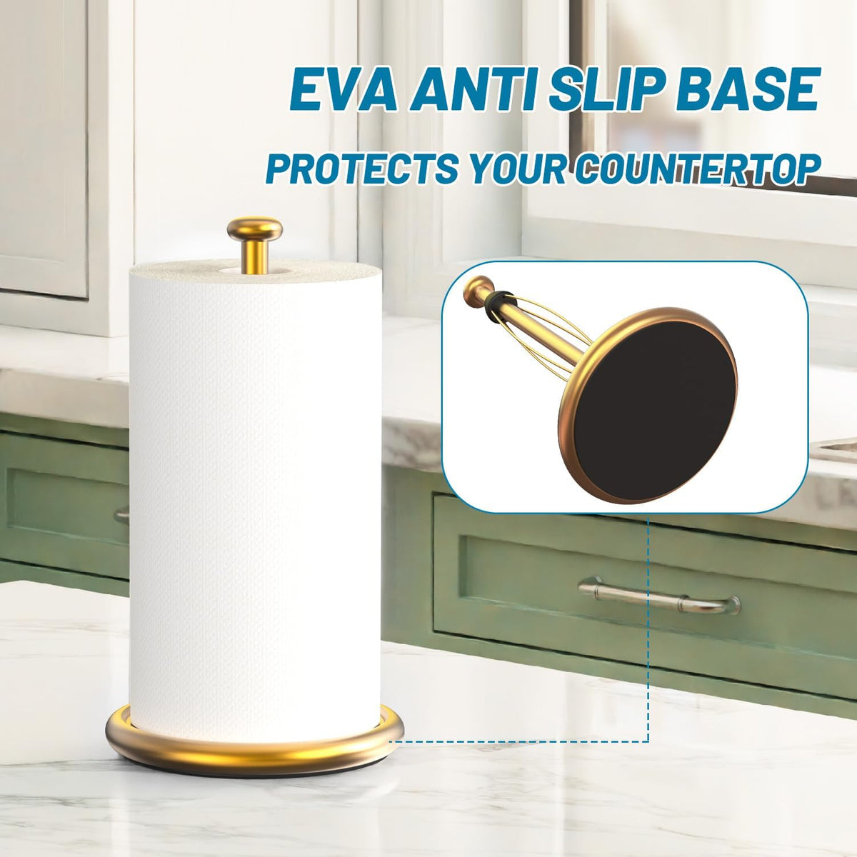VEHHE Paper Towel Holder Countertop with Weighted Base, One-Hand Tear | Freestanding Design | Brushed Gold Finish