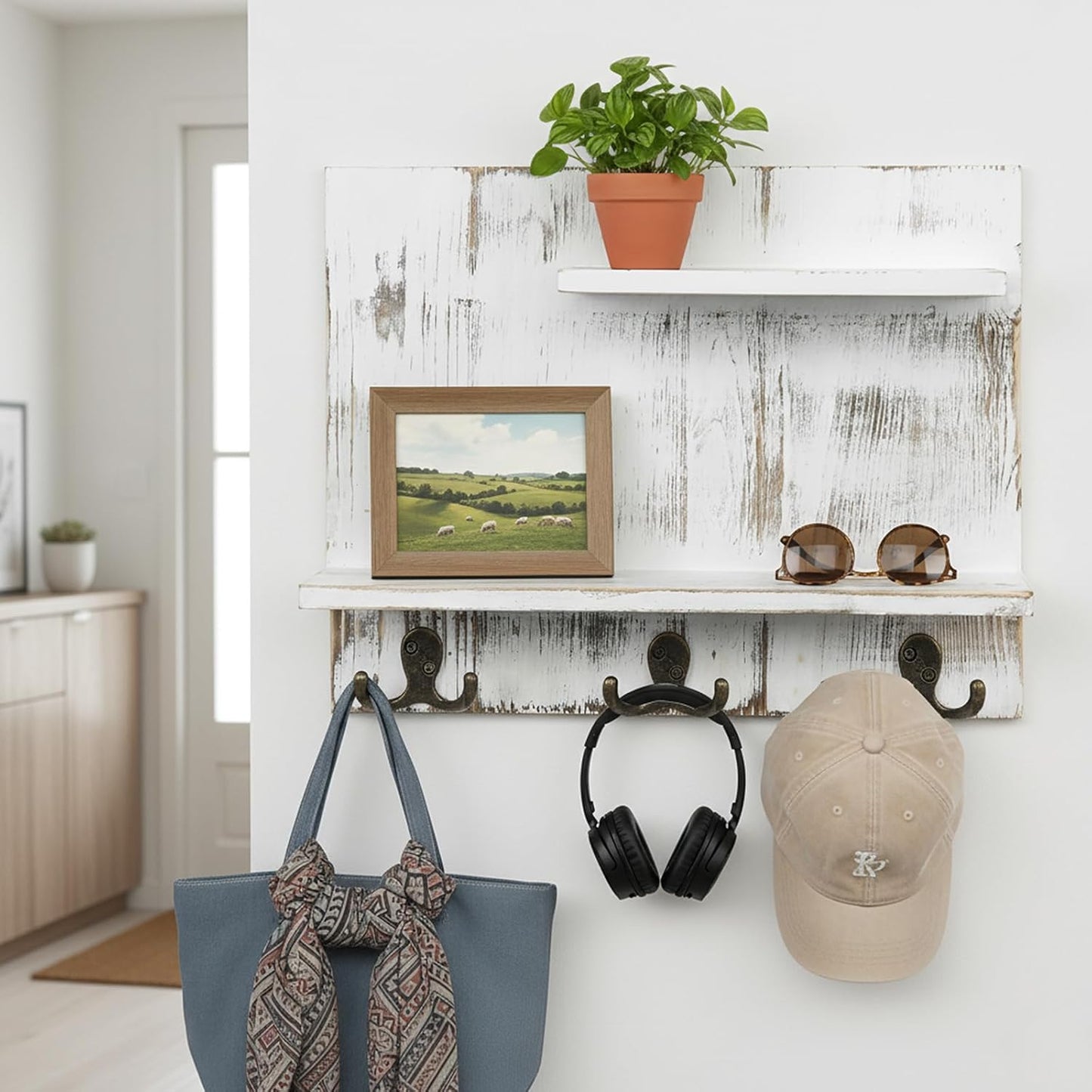 MyGift 2 Tier Wall Mounted Shabby White Washed Solid Wood Bathroom Storage Shelves, Decorative Entryway Floating Shelf
