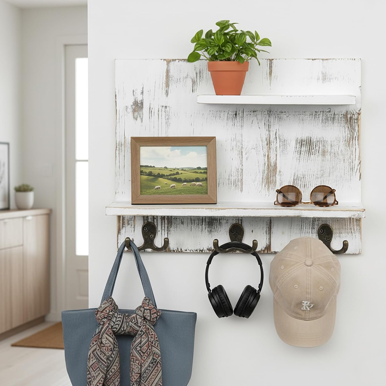 MyGift 2 Tier Wall Mounted Shabby White Washed Solid Wood Bathroom Storage Shelves, Decorative Entryway Floating Shelf