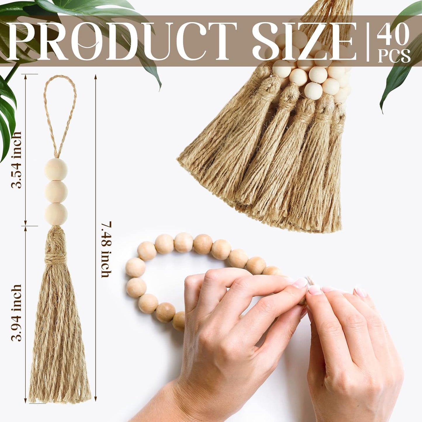 3 Wood Beads Jute Rope Burlap Tassels for Christmas Tree DIY Craft Wood Beads / Natural / Set of 40