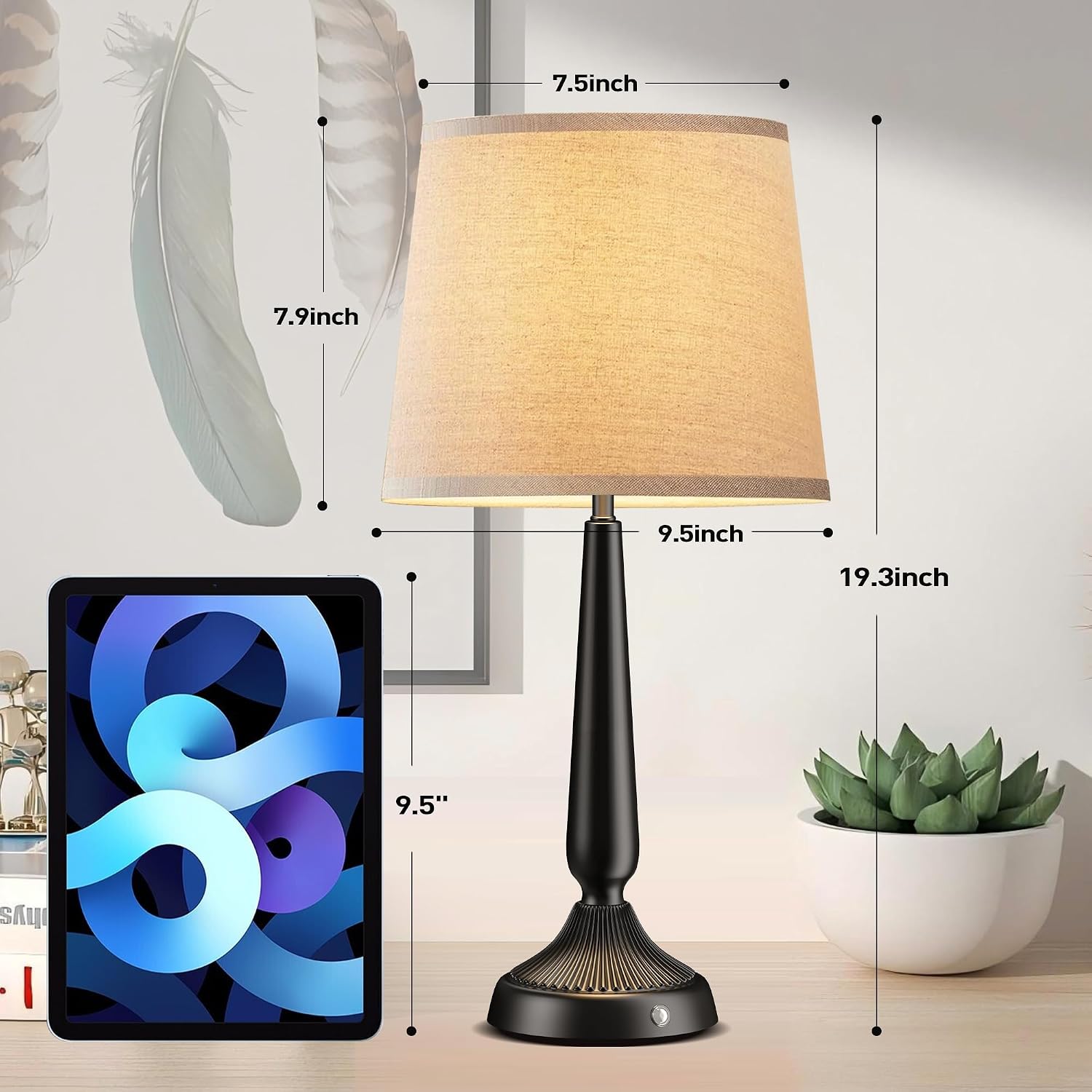 Cordless Table Lamp, 5000mAh Battery Rechargeable Touch Lamp, 3-Level Brightness Bedside Lamps, Modern Black Iron