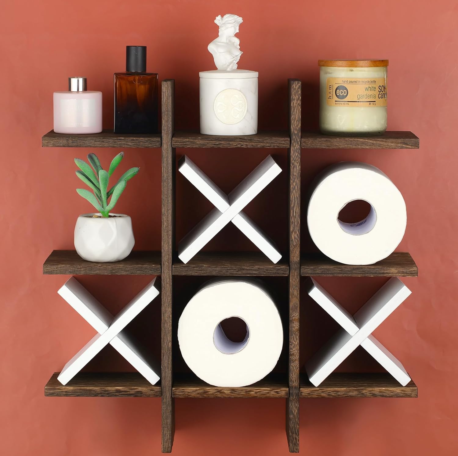 Weysat Tic Tac Toe Toilet Paper Holder,White, Dark Brown | Farmhouse Bathroom Decor, Freestanding or Wall Mount Storage