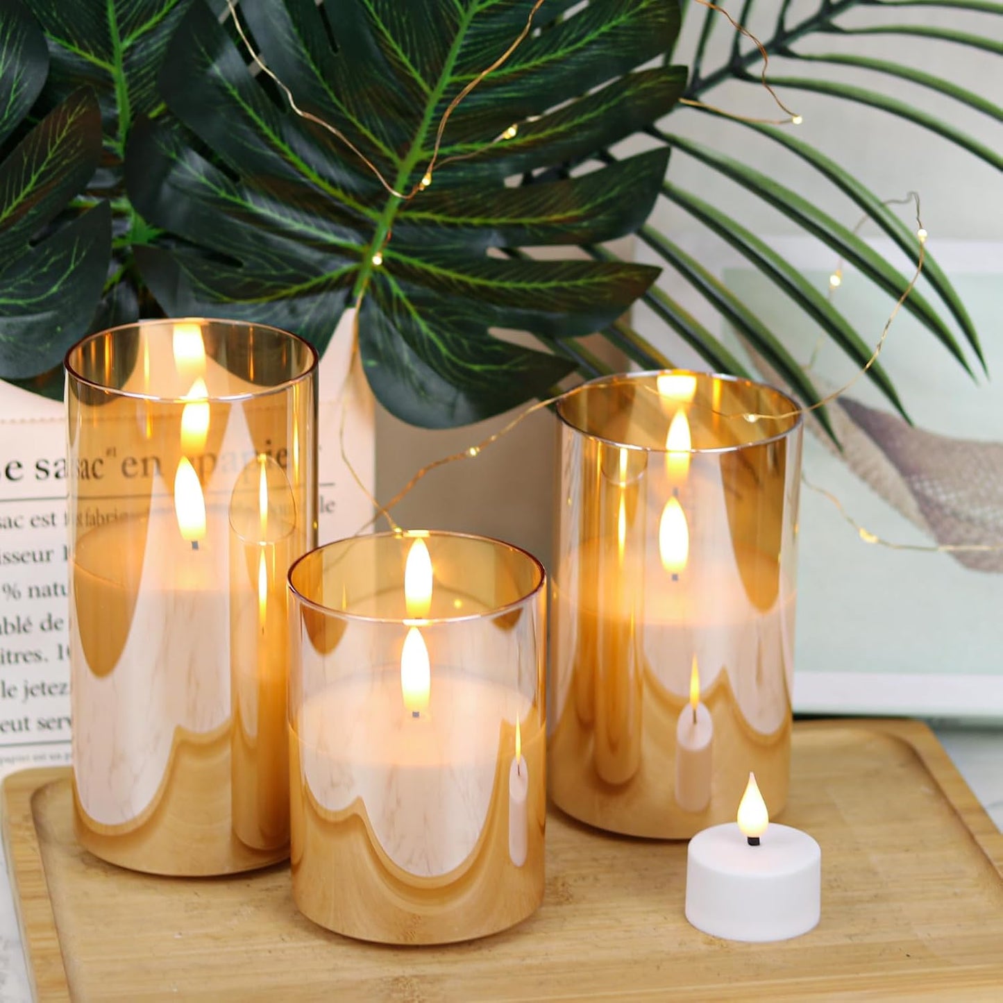 GenSwin Glass Rechargeable Flameless Candles Remote Battery Operated, Gold | LED Pillar Candles, Long Lasting Real Wax