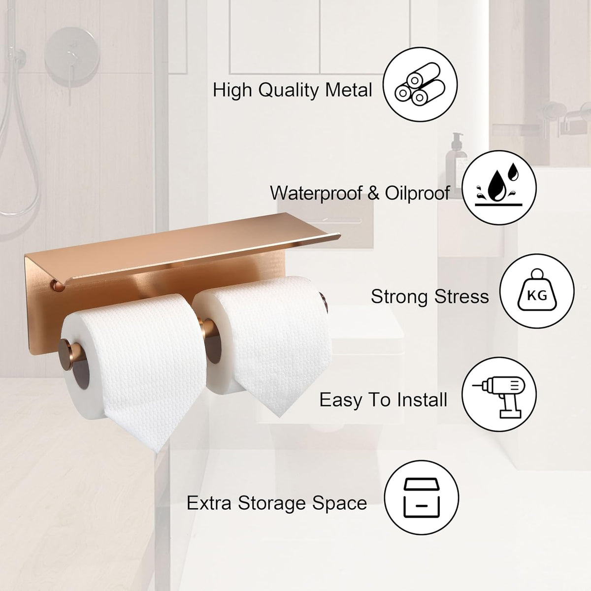 Rose Gold Toilet Paper Roll Holder with Shelf Wall Mounted for Bathroom (Rose Gold, Double Head)