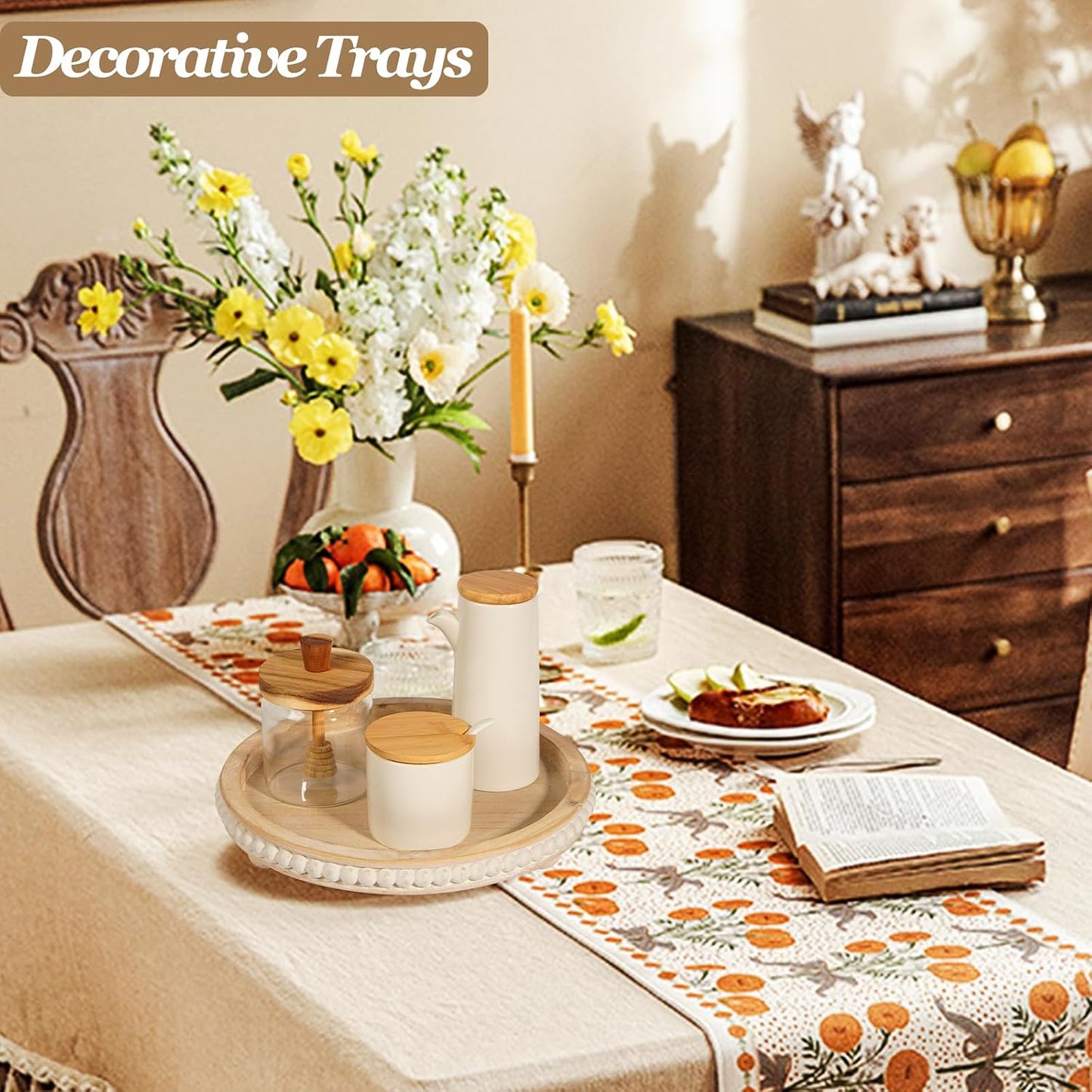 Round Wooden Tray Decor Log Beaded Distressed Rustic Farmhouse Centerpiece for Living / Light Brown