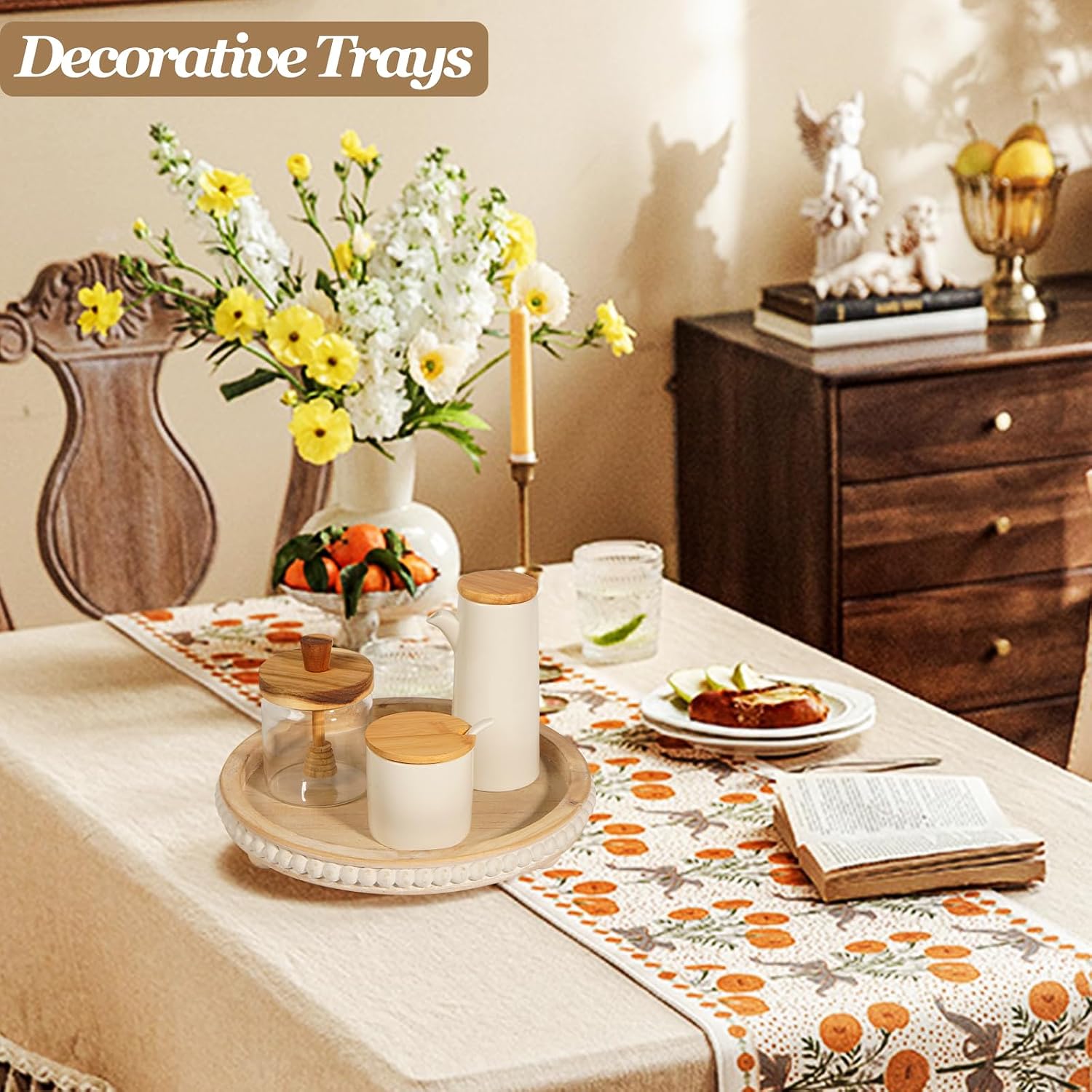 Round Wooden Tray Decor Log Beaded Distressed Rustic Farmhouse Centerpiece for Living / Light Brown