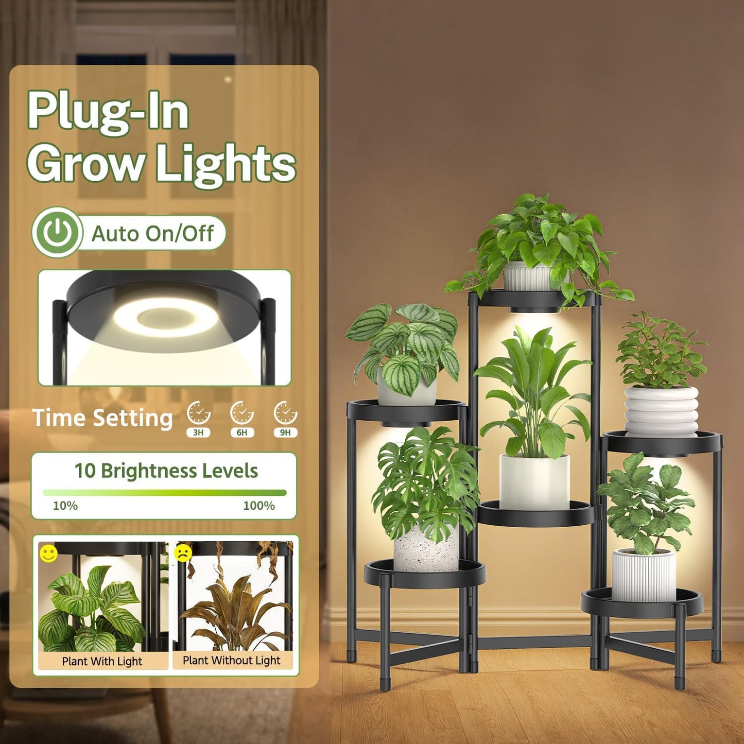 LASZOLA Plant Stand Indoor Outdoor Tall With Grow Lights, 6 Tiers Black | Corner Folding Flower Display Rack, with