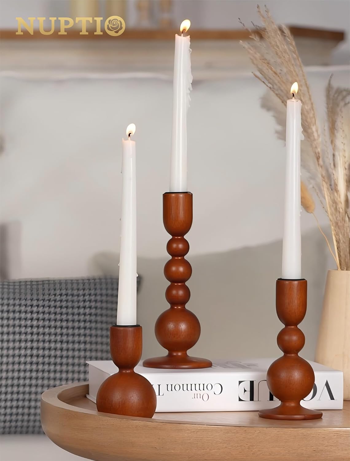 NUPTIO Wooden Taper Candle Holders, Set of 3 Brown Candlesticks | Natural Wood, MCM Design, Dining Table Centerpiece