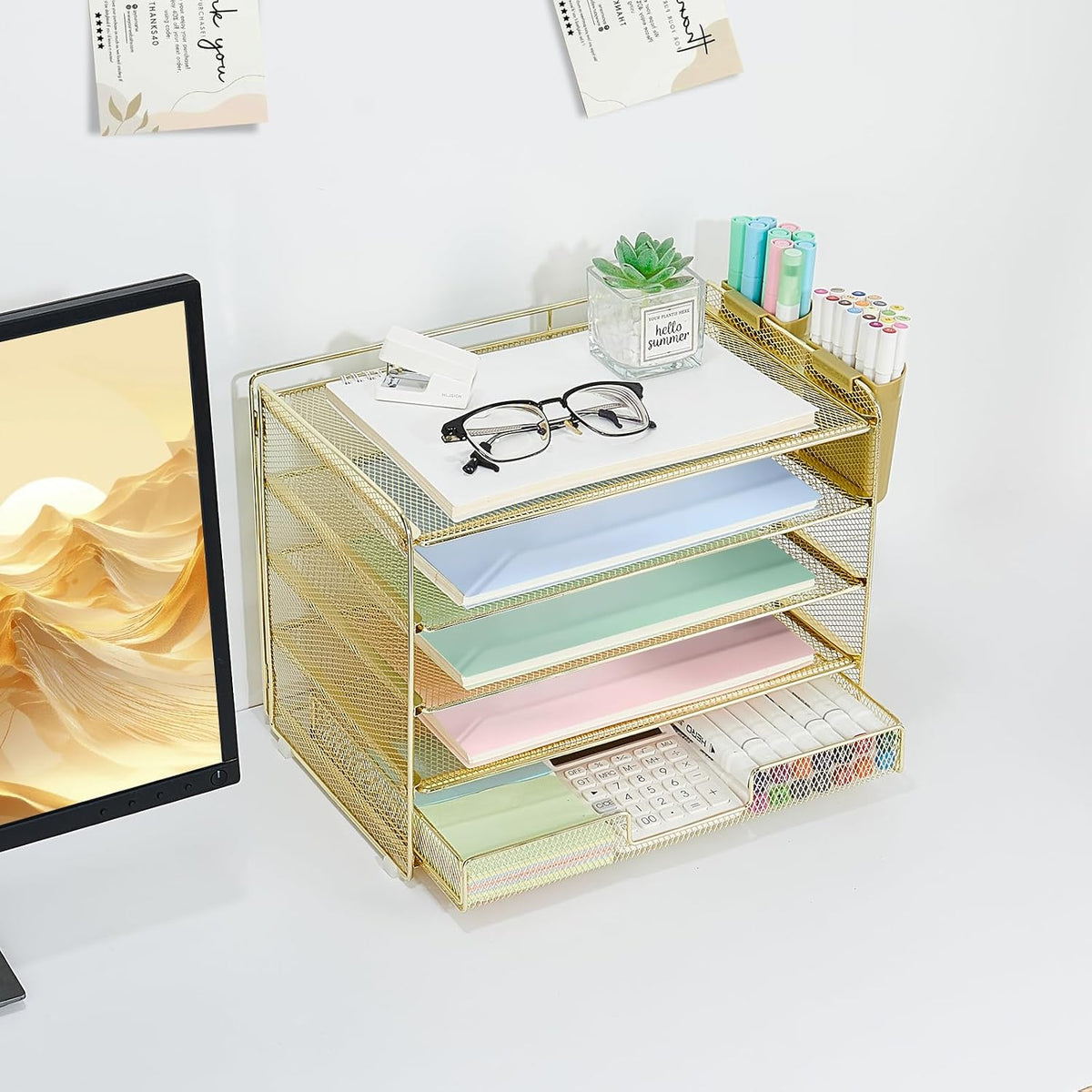 LEKETREE Desk Organizers and Accessories, 5-Tier Paper Letter Tray Organizer with Drawer & 2 Pen Holders, Desktop