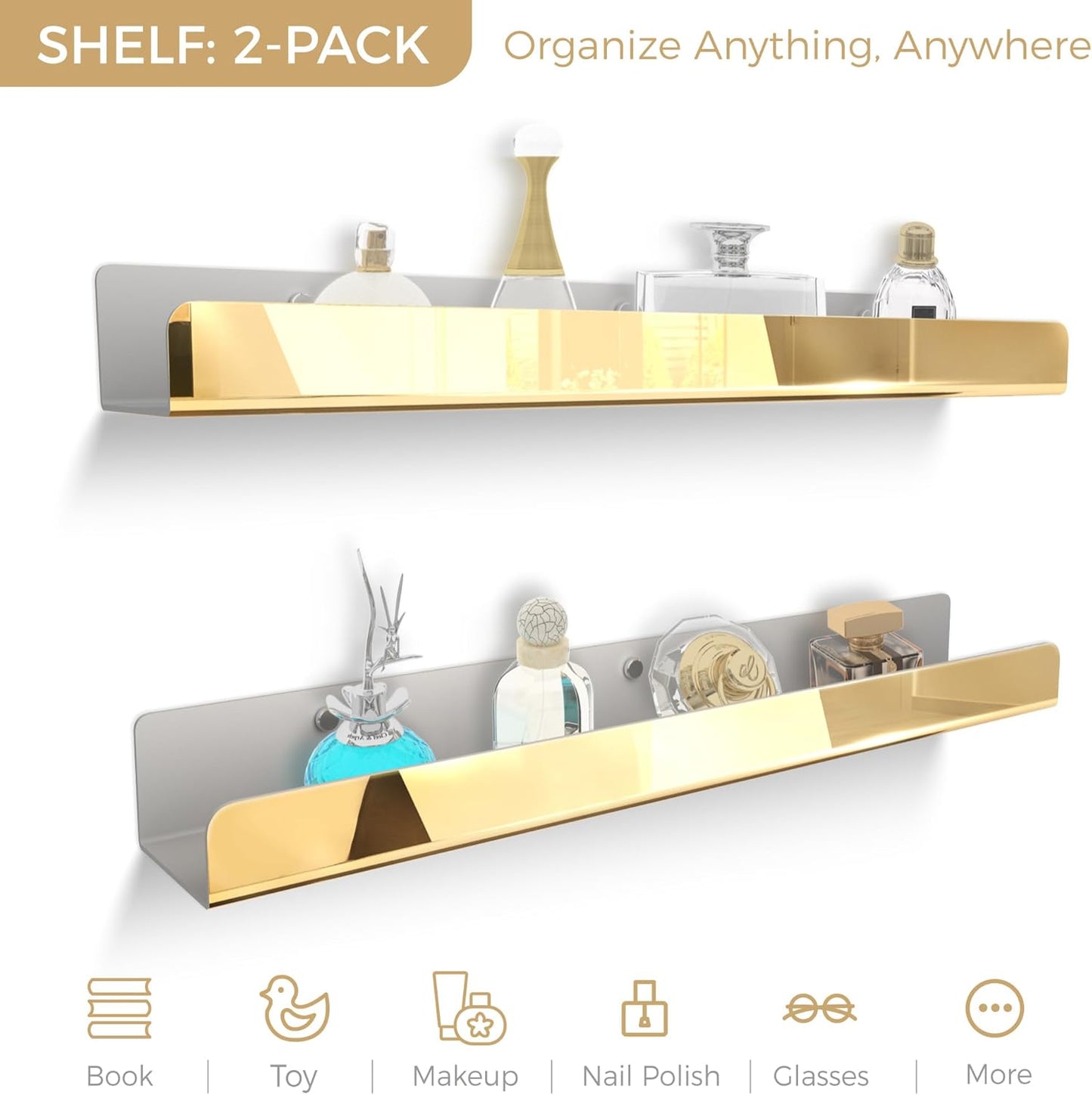 2 Packs 24 inches Gold Acrylic Shelves,Book Shelf for wall | Wall Mounted Display for Kids