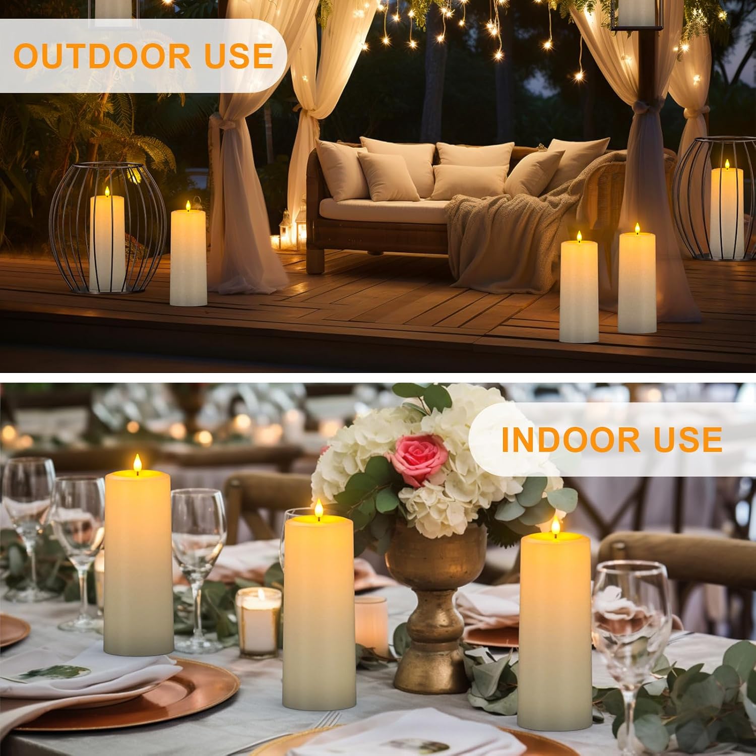 SoulBay 10"x4" Solar & USB Rechargeable Outdoor Flameless Pillar Candles | Waterproof Flickering LED, Remote Timer