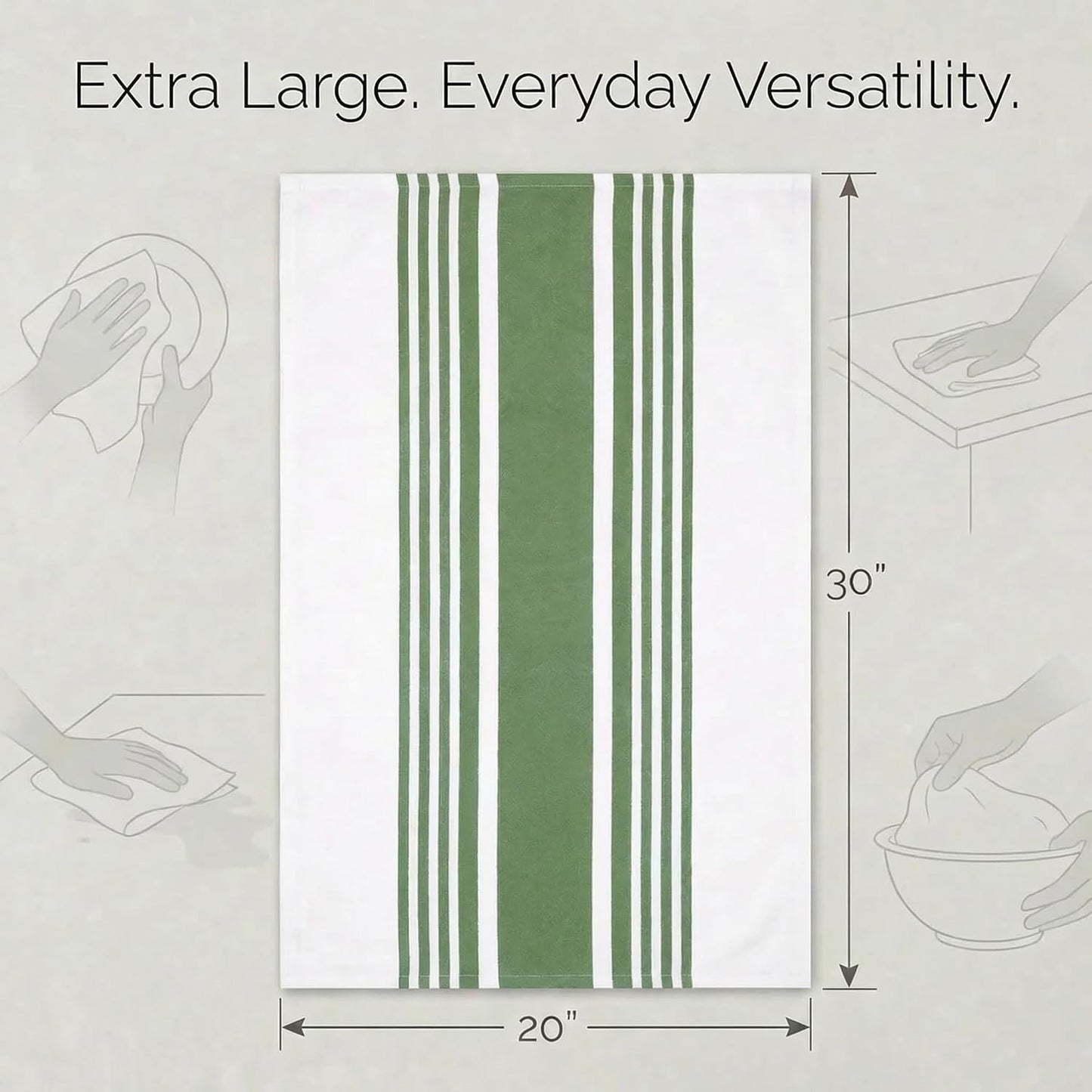 Urban Villa Kitchen Towels Cotton Dish Towels 20”x30” (Set of 6) Green Wht