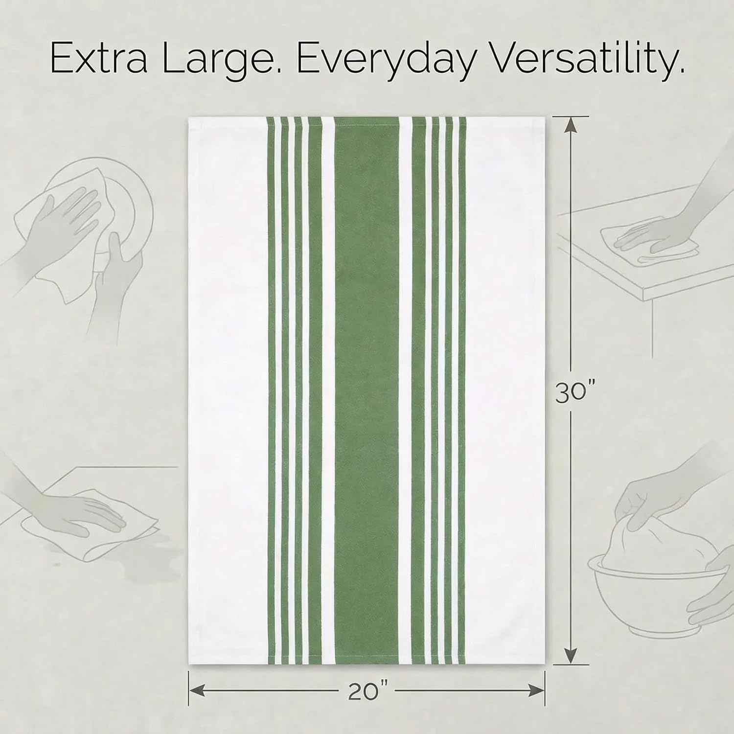Urban Villa Kitchen Towels Cotton Dish Towels 20”x30” (Set of 6) Green Wht
