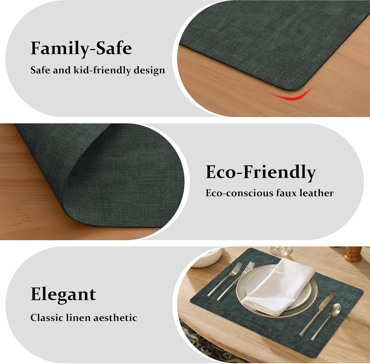 FROMHEART Faux Leather PU Placemats Set of 8 (Dark Green,11.8" x 17") | Waterproof,Heat/Oil Stain-Resistant Table