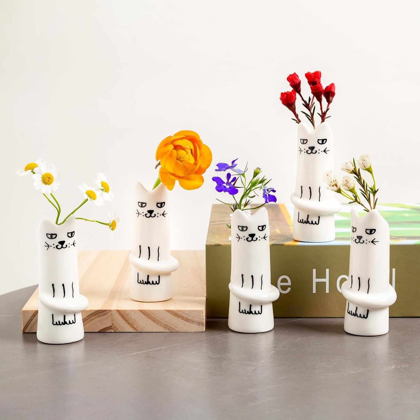 Cat Flower Vase Bud Ceramic Small Mini Handmade Decor / Cat Vase / Set of 5