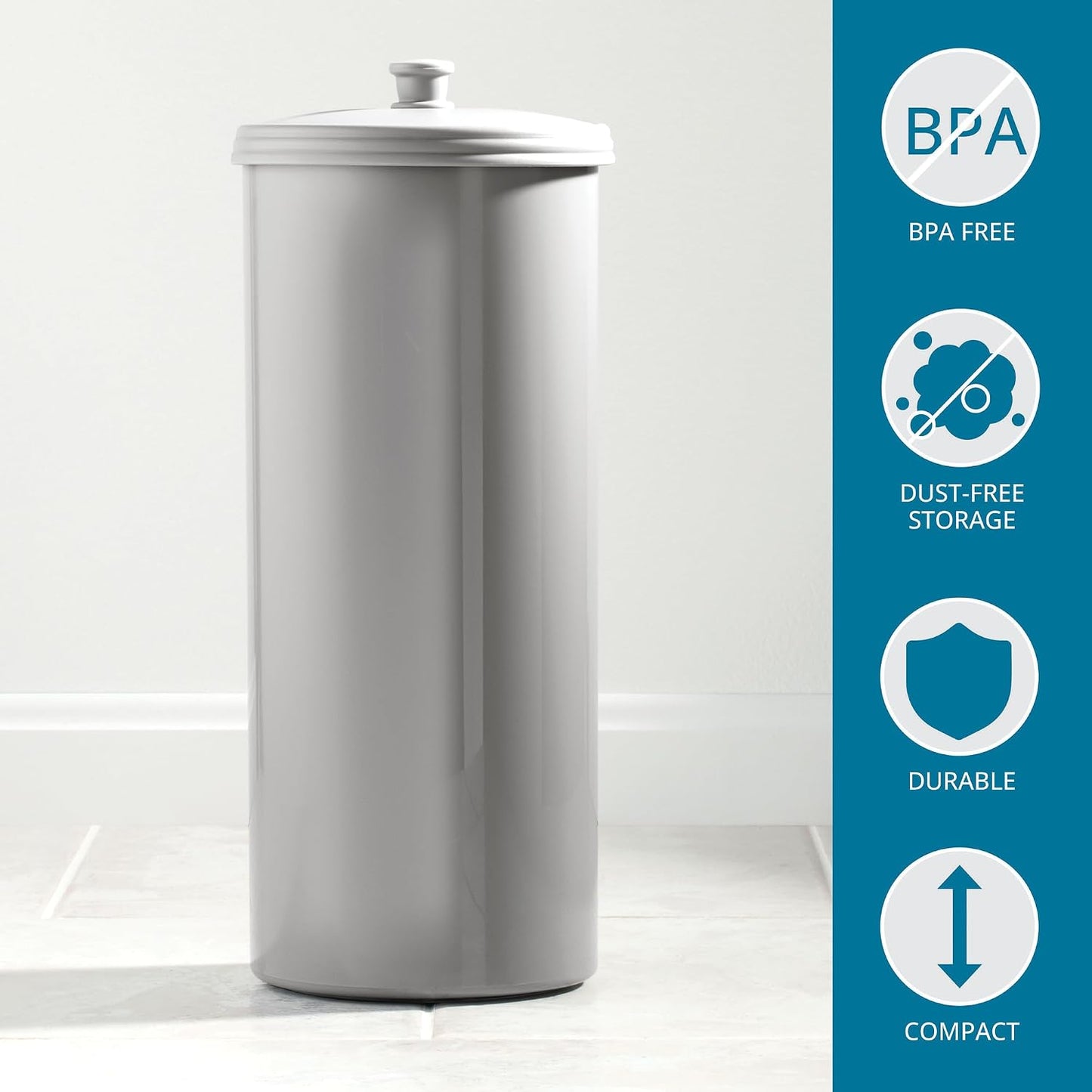 iDesign Freestanding Bathroom Toilet Paper Storage Holder, 2-Pack, Silver | With Lid, For 3 Extra Rolls