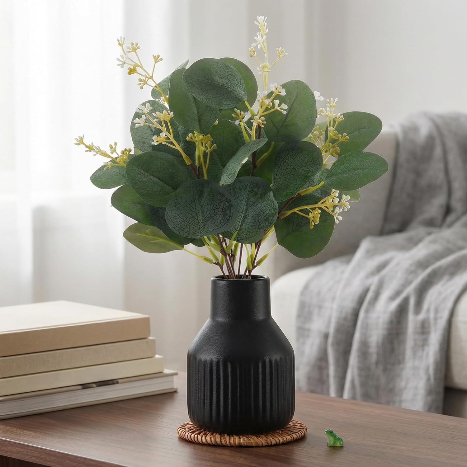 Artificial Eucalyptus Greenery Stems in Ceramic Vase / Black / Set of 10